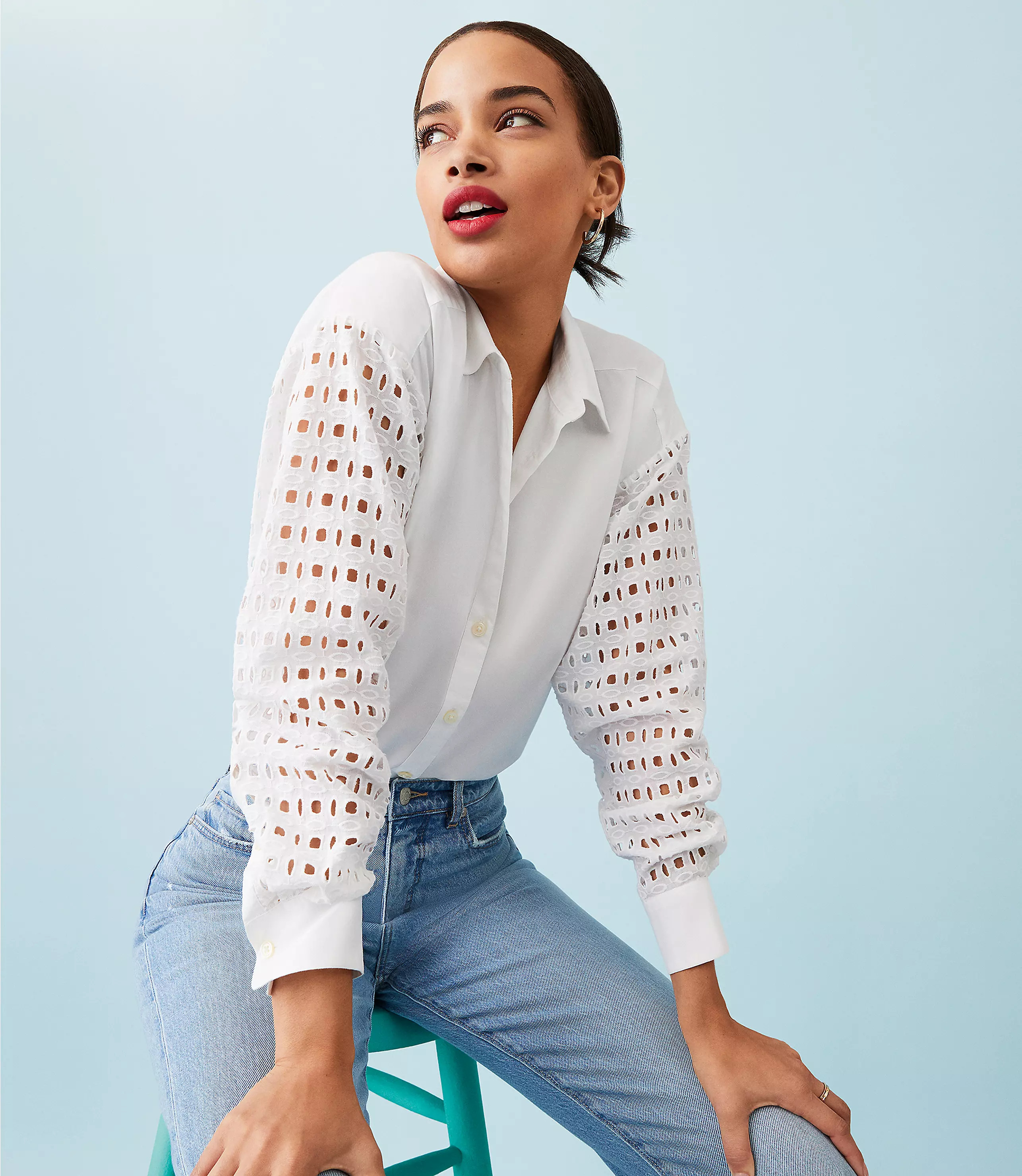 Eyelet Sleeve Cotton Blend Oversized Shirt | LOFT