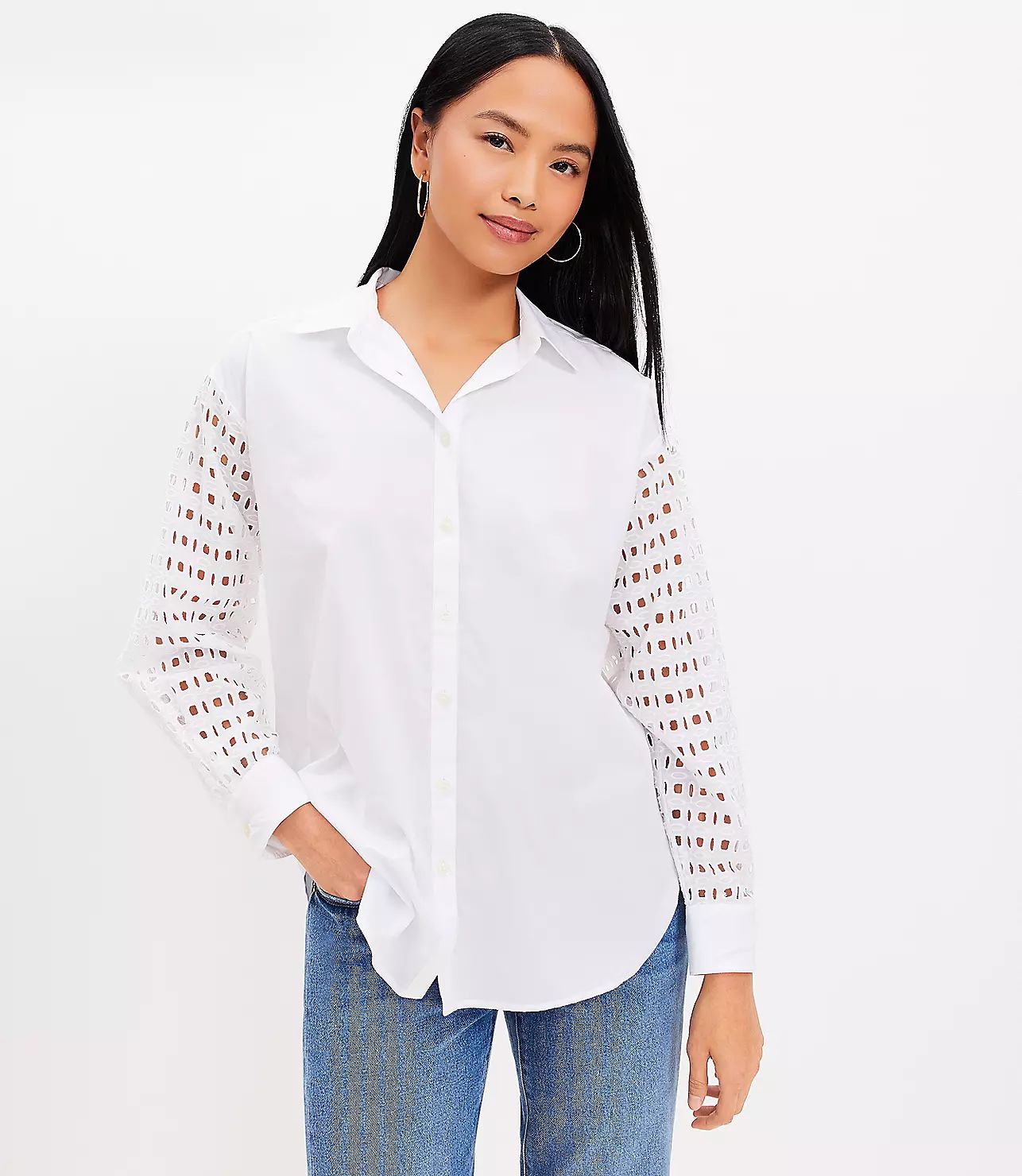 Eyelet Sleeve Cotton Blend Oversized Shirt | LOFT