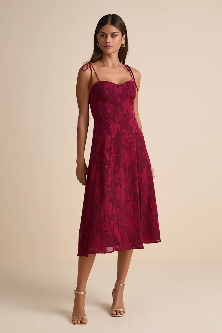 Loveliest Looks Burgundy Floral Jacquard Tie-Strap Midi Dress | Lulus