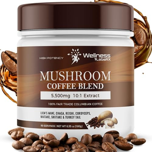 Mushroom Coffee, Organic Mushrooms Instant Coffee, Great Tasting Columbian Coffee, Organic Keto Coffee, 7 Superfood Mushrooms Lions Mane, Chaga, Reishi, Cordyceps, Maitake, Shiitake, and Turkey Tail - 90 Servings | Amazon (US)