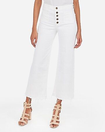 high waisted white cropped raw hem wide leg jeans | Express