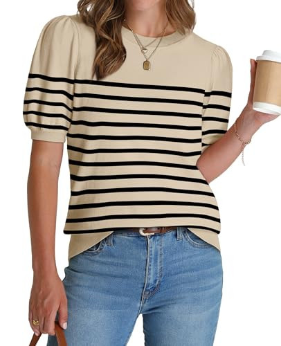 Womens Tops Dressy Casual Spring Summer Short Sleeve Shirts Sweaters Blouses Business Casual Outfits Work Beach Vacation Clothes Apricot Black Striped Shirts Trendy 2026 S | Amazon (US)