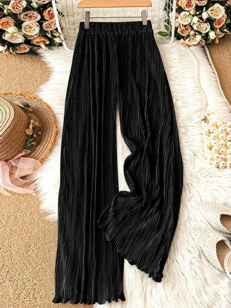 SHEIN Clasi Solid Plisse Wide Leg Pants,Ladies Spring/Fall Casual Pleated Natural Wide Leg Long Black Loose Women Pants,Casual Daily Wear | SHEIN