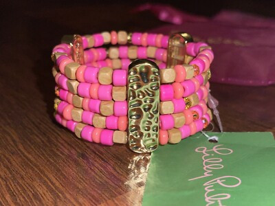 Lilly Pulitzer Gold Metallic CORAL PINK STRETCH CUFF BRACELET Beaded GWP NEW | eBay US