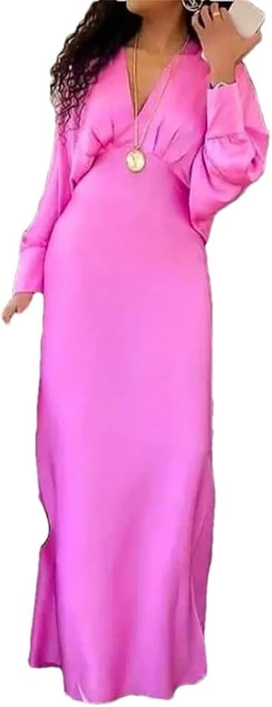 Women High Waist Party Dress Slim Maxi Dress Solid V Neck Batwing Sleeve Long Dress 01 Pink XL | Amazon (US)