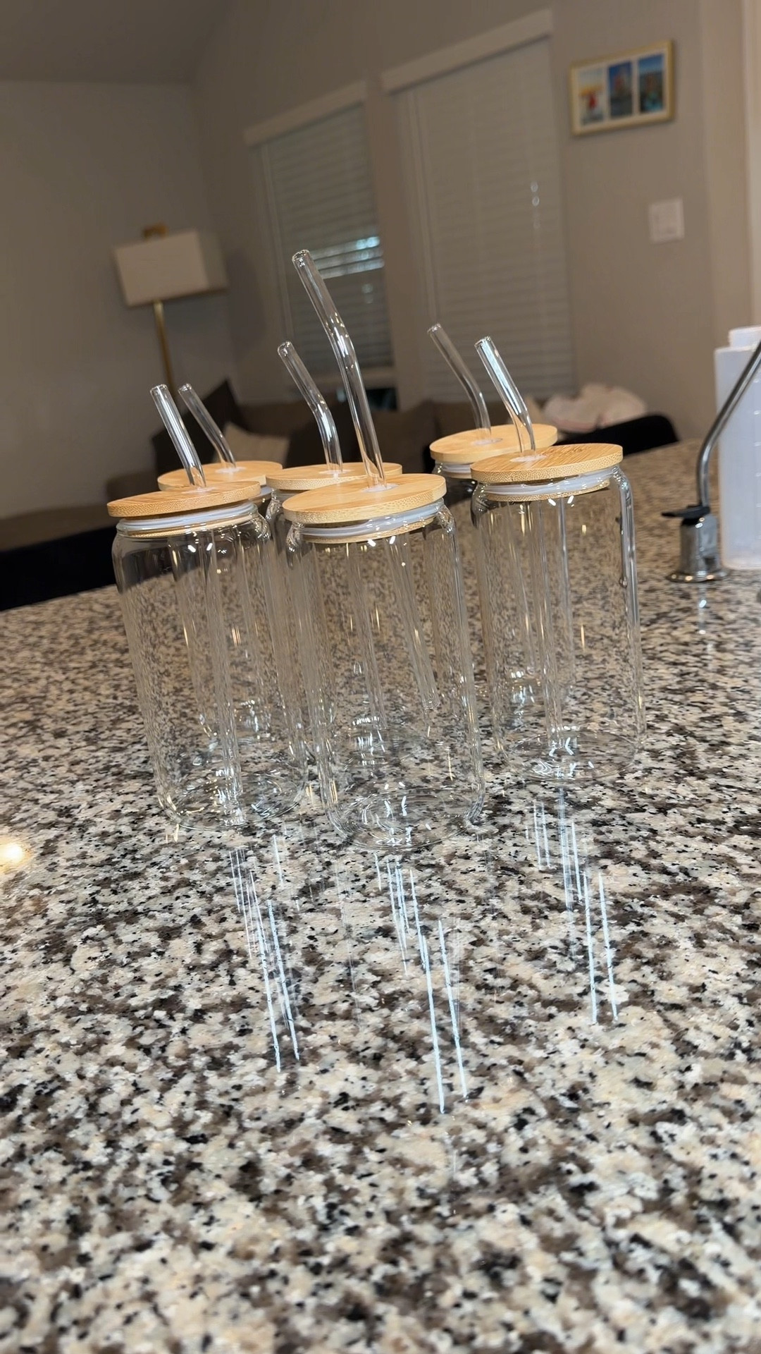 Drinking Glasses with Bamboo Lids and Glass Straw 4pcs Set - 16oz Glass Cups, Iced Coffee Glasses, Cute iced Tea Glasses, Beer Glasses, Ideal for Coffee Bar Accessories, Aesthetic Gift - 2 Brushes