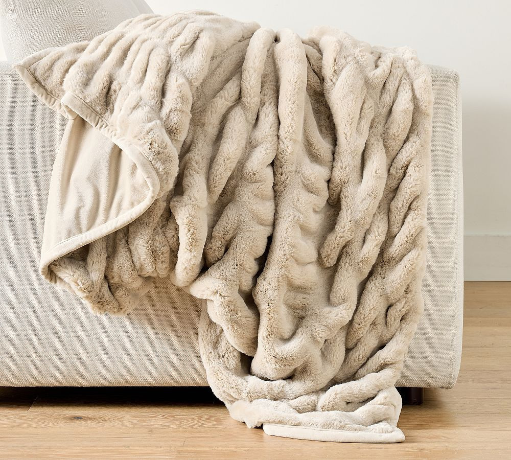 Faux Fur Ruched Throw, Champagne, 60"" x 80 | Pottery Barn (US)