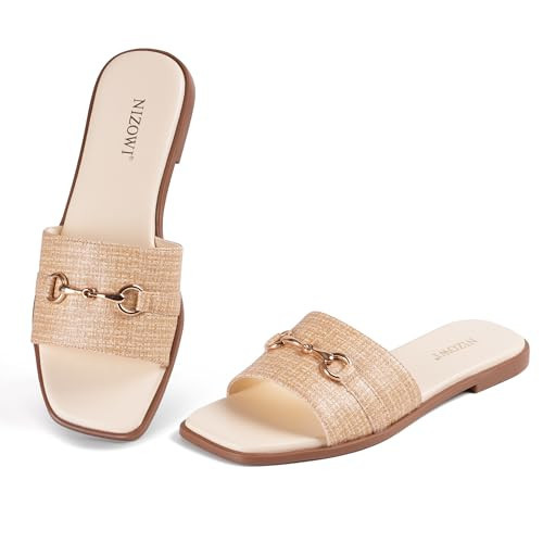 NIZOWI Women's Flat Sandals Dressy Elegant Square Toe Slip On Soft Comfortable Leather Summer Slide Sandals for 2026, Raffia,9 | Amazon (US)