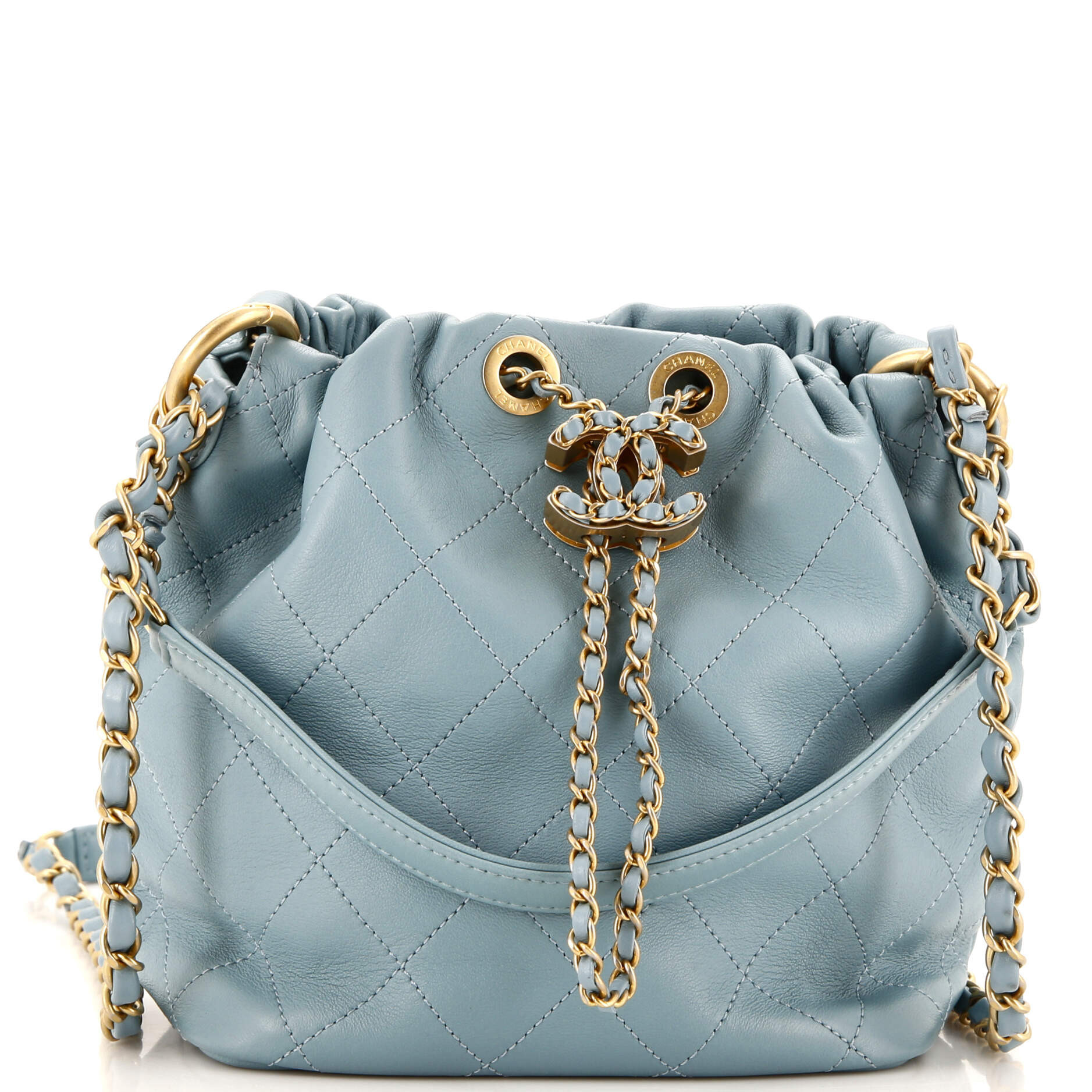 Woven Chain CC Drawstring Bucket Bag Stitched Lambskin Small | Shop Simon