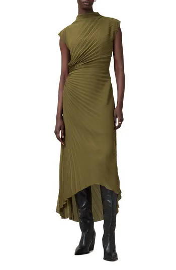 AllSaints Rayanna Pleated Cap Sleeve Dress in Fango Green at Nordstrom Rack, Size 4 Us / 8 Uk | Nordstrom Rack