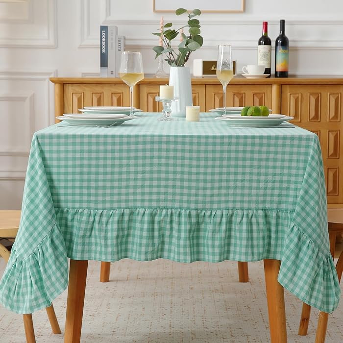 Spa Blue White Plaid Gingham Ruffled Table Cloth for Rectangle Table 6-8 Seats, 100% Washed Cotto... | Amazon (US)