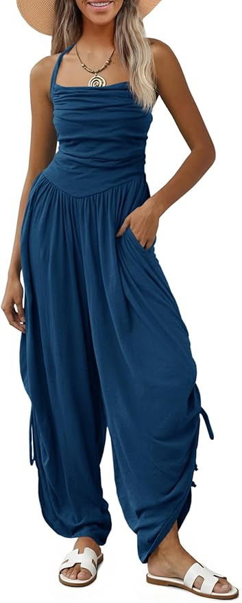 Fisoew Womens Casual Jumpsuits Summer Halter Straps Sleeveless Overalls Ruched Barrel Wide Leg Si... | Amazon (US)