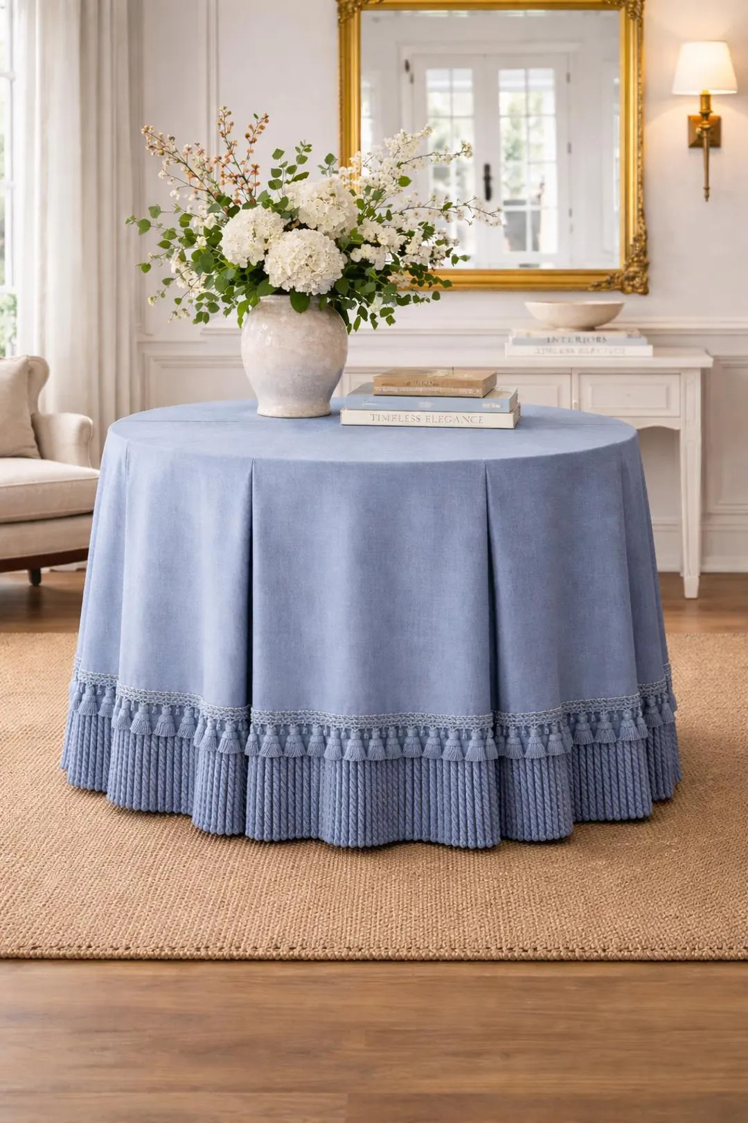 French blue tableskirt bullion tassel round table-skirt, pleated tailored table linens, | Etsy (US)