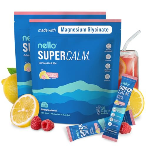 Nello Supercalm Powdered Drink Mix, Raspberry Lemonade, L Theanine, Ksm-66 Ashwagandha, Magnesium Glycinate, Vitamin D 3, Supplements for Relaxation & Focus, No Sugar, Non GMO, On The Go, (2-Pack) | Amazon (US)