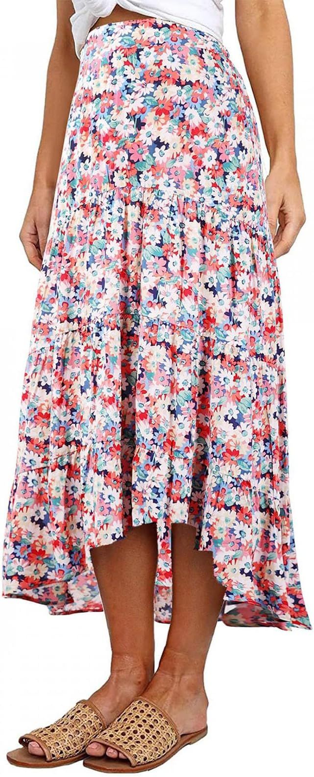 ANGGREK Womens Floral Print Midi Skirt Boho Elastic High Waist Maxi Skirts High Low Hem Skirt for... | Amazon (US)