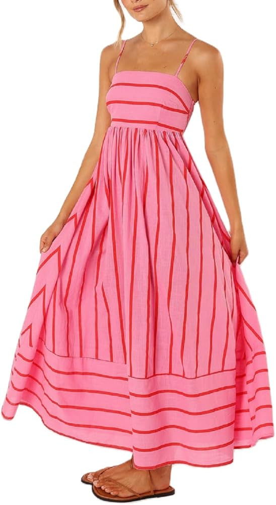 NUFIWI Women Summer Striped Maxi Dress Spaghetti Strap Cutout Ruffle Long Dress Flowy Swing Beach... | Amazon (US)