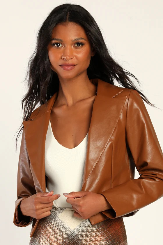 Fashionable Flirt Cognac Vegan Leather Cropped Blazer | Lulus (US)