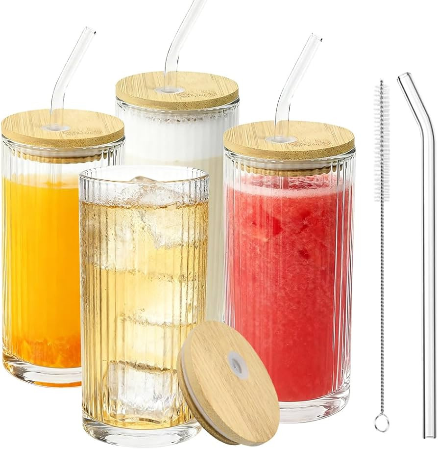 YBCCBY 4 Pack Ribbed Glass Tumblers with Lids and Glass Straws, 12.98 oz Vintage Ribbed Cup Glass... | Amazon (UK)