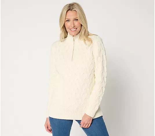 Joan Rivers Cotton Blend Novelty Cable Quarter Zip Sweater | QVC