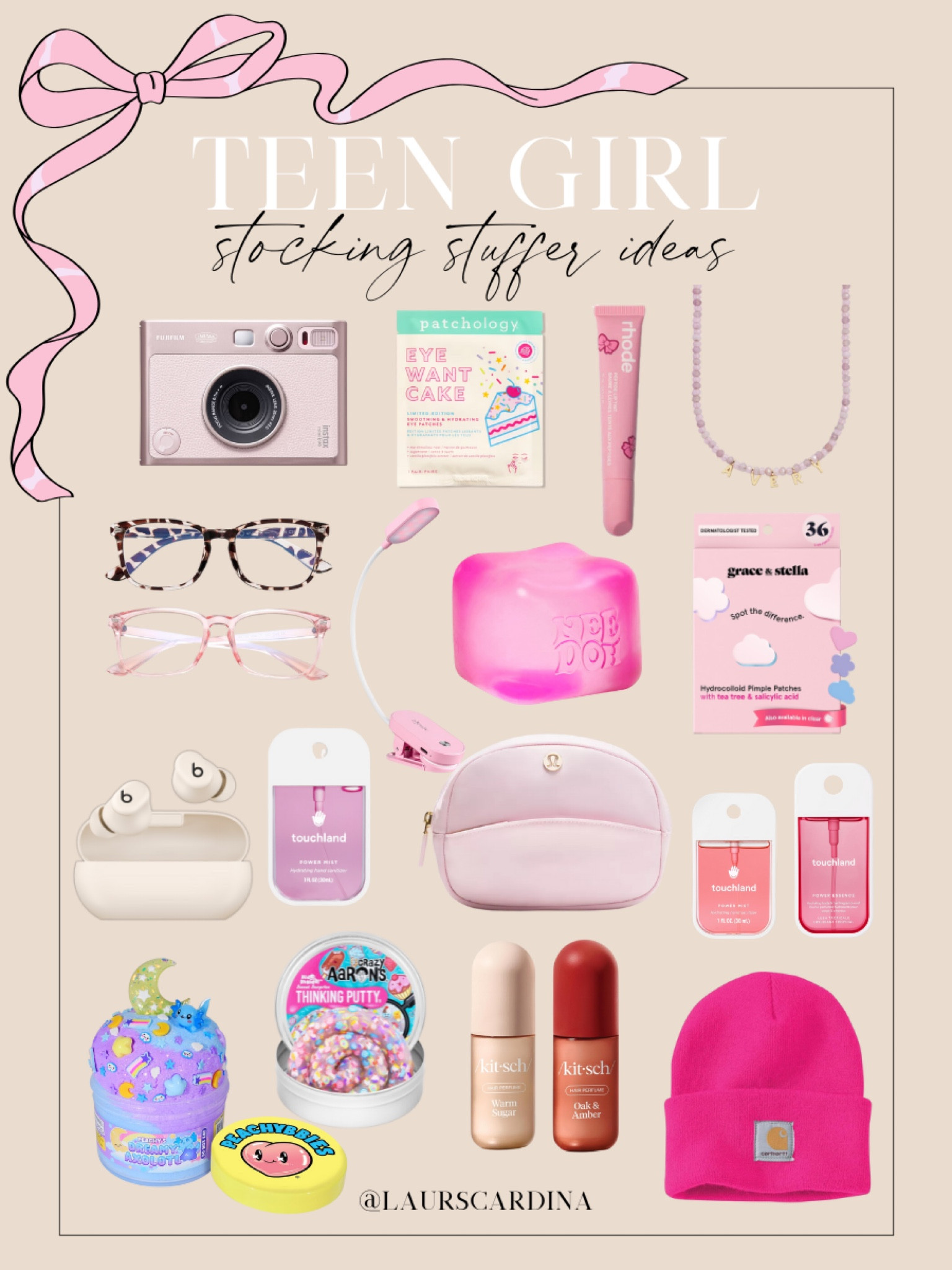 Stocking stuffer ideas for teen girls include a camera, eye masks, lip balm, a personalized name necklace, blue light glasses, a squeeze toy, pimple patches, Beats ear buds, hand sanitizer, a cosmetic bag, hand and body mist, thinking putty, slime, hair perfume, and a Carhartt beanie. 

Gifts for her, gifts for girls, gifts under 50 

#LTKFindsUnder50 #LTKGiftGuide #LTKHoliday