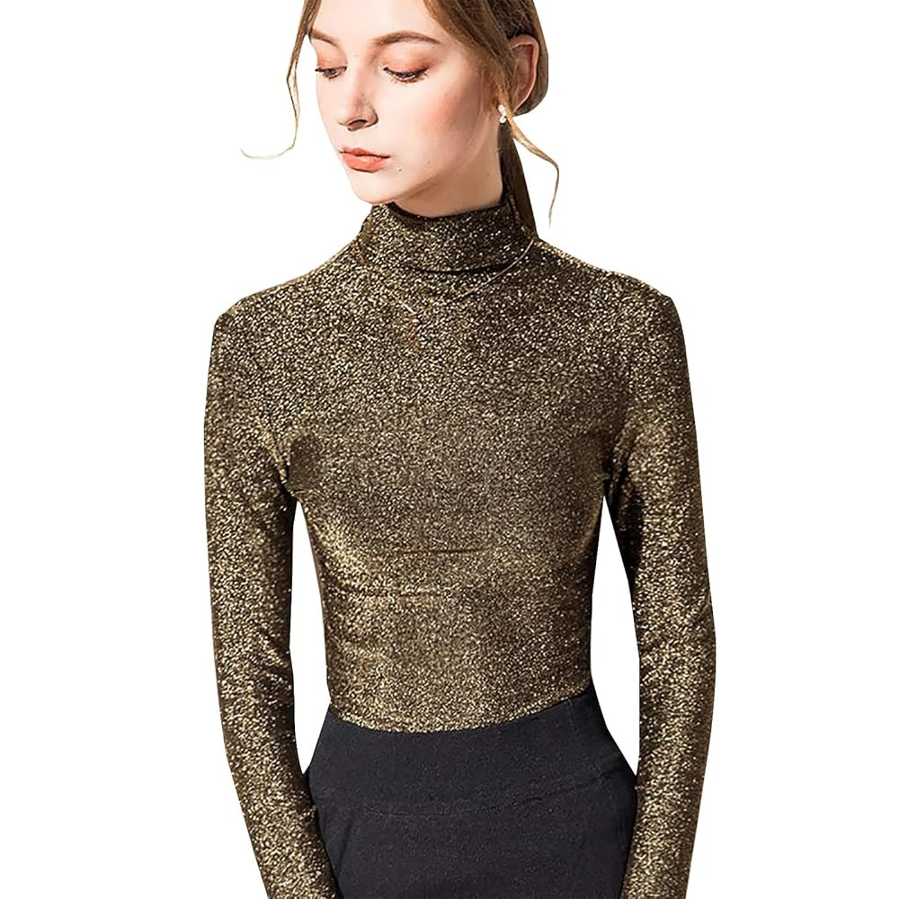 LONGBIDA Women's Slim fit Long Sleeve Turtleneck Glitter Tee Blouse Tops | Amazon (US)