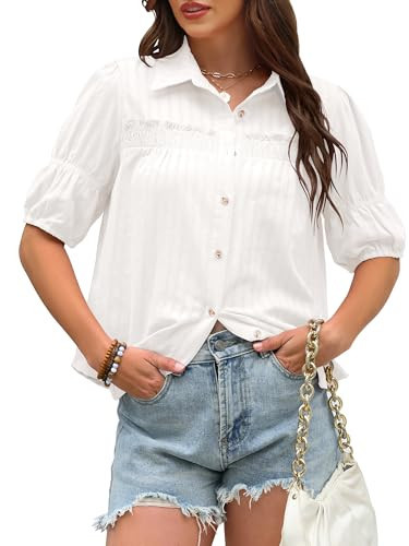 Angashion Womens Button Down Shirts Summer Casual Short Sleeves V Neck Tops Ladies Solid Blouses White Medium | Amazon (US)