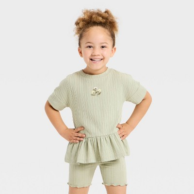 Toddler Girls' Flower Pointelle Peplum T-Shirt - Cat & Jack™ Light Olive 3T | Target