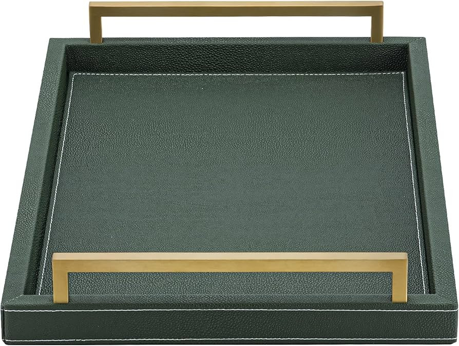 Green Decorative Serving Tray,Rectangular Tray for Coffee Table,Faux Leather Serving Tray with Ha... | Amazon (US)