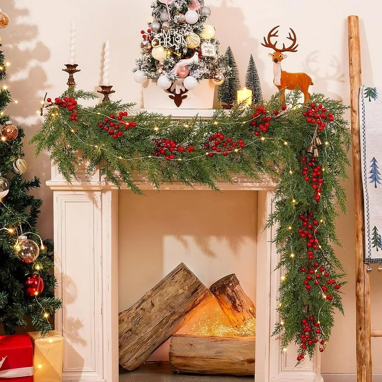 Waipfaru 6FT Christmas Cedar Garland with Lights,20 LED Cypress Pine Garland with Berries,Artific... | Walmart (US)