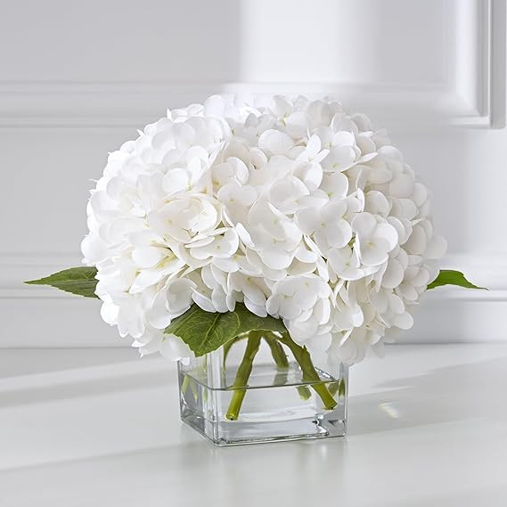 BLEUM CADE Luxury PU Fake Flowers in Vase with Faux Water, White Real Touch Hydrangea Artificial ... | Amazon (US)
