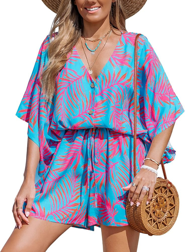CUPSHE Women's Jumpsuits Boho Short Sleeve V Neck Wide Leg Overall Tie Outfit Casual Beach | Amazon (US)
