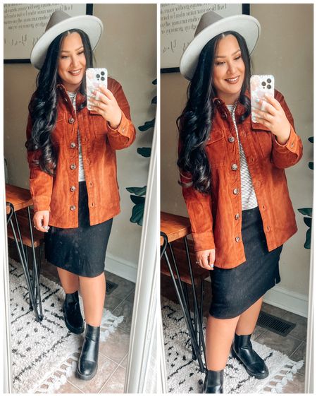 NEW! Walmart fall fashion finds. I love this rust corduroy shacket!!!! Sized down to a medium and it’s perfect! Order your regular size for an oversized look. Ribbed knit sweater skirt. Black pencil skirt. Amazon fashion. Black lug sole Chelsea boots. Striped tee. Fall outfit. Brown shacket. 

#LTKunder50 #LTKstyletip #LTKSeasonal