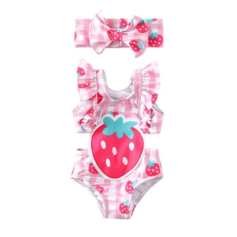 PatPat  Girl Swimming UPF50+ Pink Strawberry One-Piece Baby Girl Swimsuit Set Sizes 3-6 Months | Walmart (US)