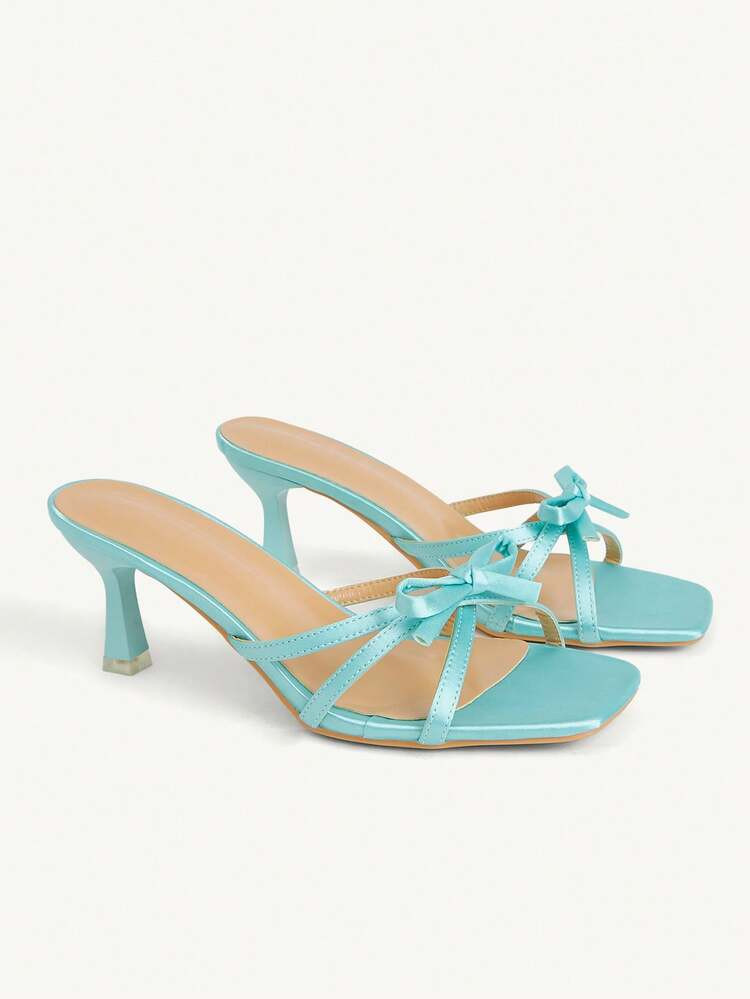 CUCCOO CHICEST Water Lake Blue Satin Bow High Heel Square Toe Thin Strap Stilettos Outside Elegan... | SHEIN