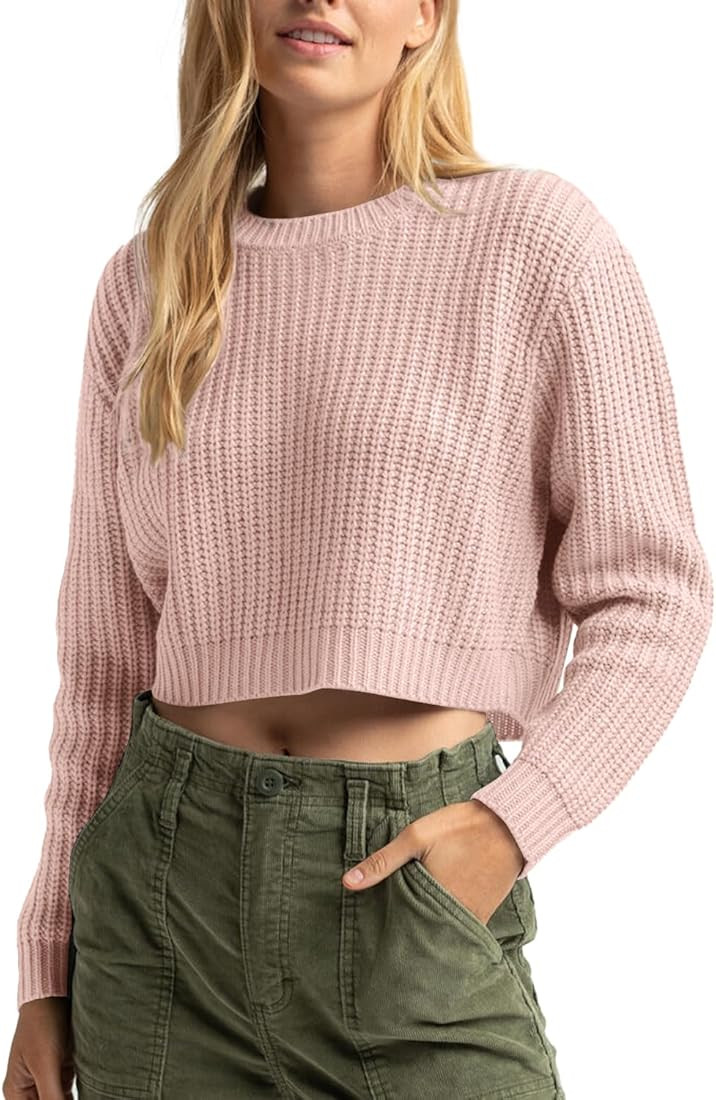 Jumppmile Women's Cropped Sweater Knit Long Sleeve Crewneck Soft Pullover Sweater Top | Amazon (US)