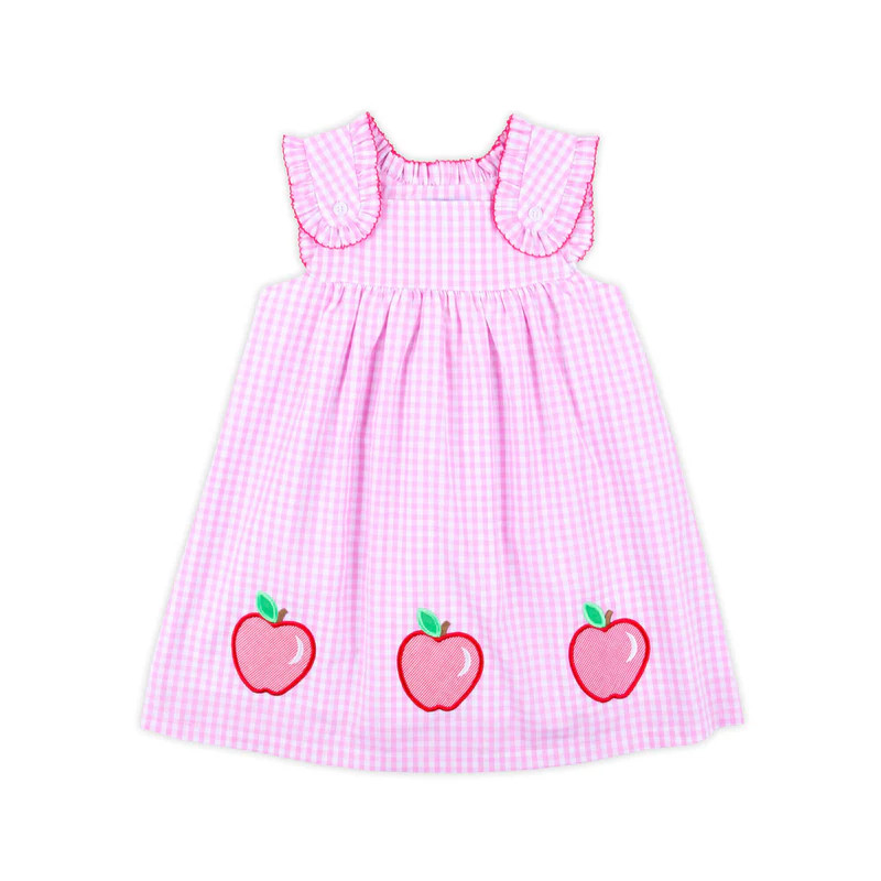Apple Trio Applique Pink Gingham Ruffle Strap Dress | Classic Whimsy