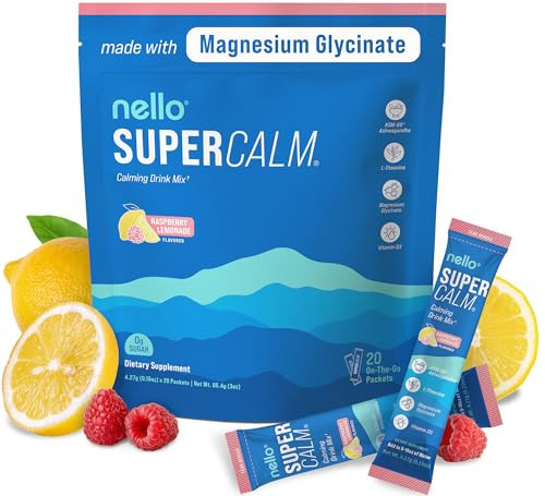 Nello Supercalm Powdered Drink Mix, Raspberry Lemonade, L Theanine, Ksm-66 Ashwagandha, Magnesium Glycinate, Vitamin D 3, Supplements for Relaxation & Focus, No Sugar, Non GMO, On The Go, 20 Ct | Amazon (US)