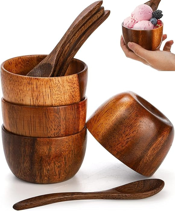 Lyellfe Set of 4 Acacia Wooden Bowl, 4 Oz Small Dipping Sauce Bowl with Spoon, 3 Inch Charcuterie... | Amazon (US)