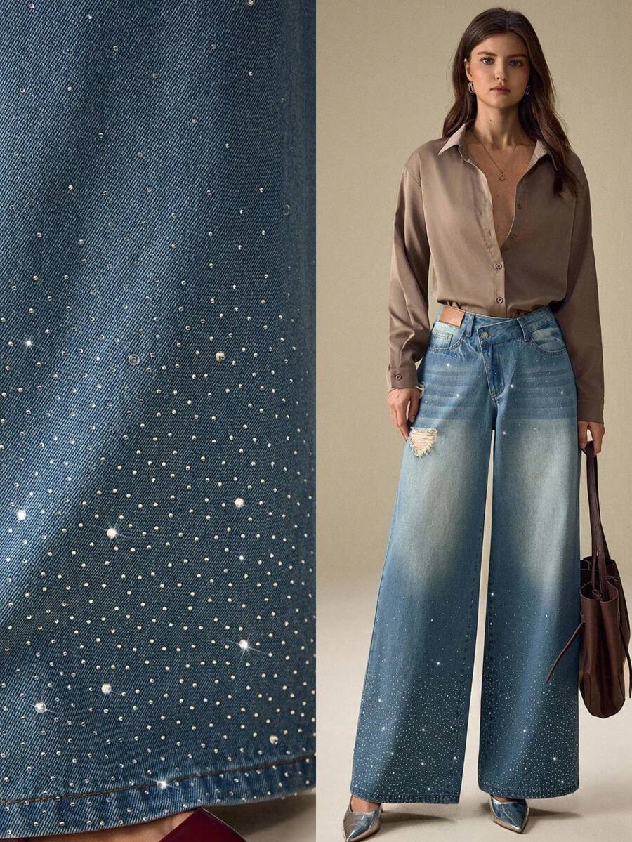 Selenza Elegant Rhinestone Embellished Straight Leg Casual Jeans | SHEIN