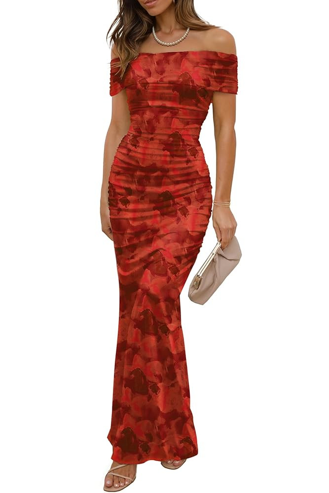 Wedding Guest Dresses for Women 2025 Floral Formal Cocktail Maxi Styles Off The Shoulder Stretch ... | Amazon (US)