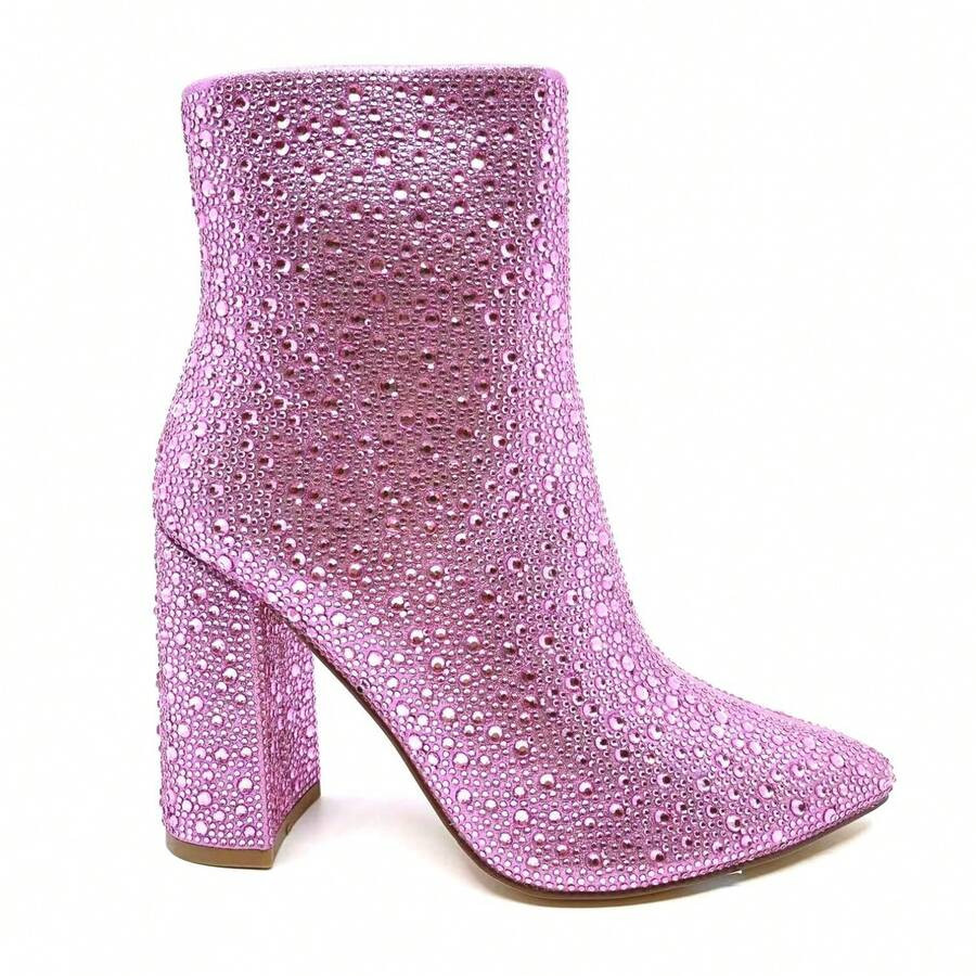 Women's Rhinestone Boots. Glitter Ankle Boots Pointed Toe Block Chunky Heel. | SHEIN
