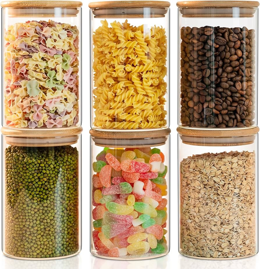 Glass Food Storage Jars 6-Pack 37oz - 4x6 in-Clear Glass Food Canisters with Bamboo Lid Airtight ... | Amazon (US)