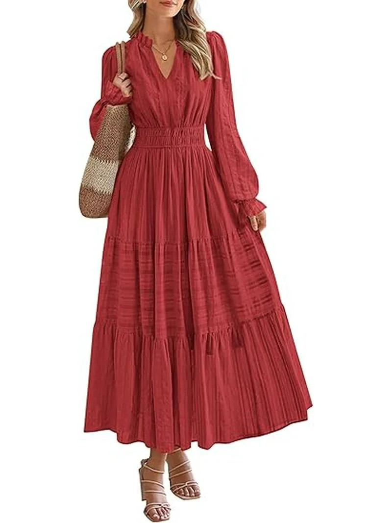 PRETTYGARDEN Women's Fall Wedding Guest Dresses Long Sleeve V Neck Flowy Elegant Holiday Party Ma... | Walmart (US)