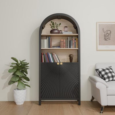 61" Black Arched Bookcase,Mid-Century Modern Arched Bookshelf with Doors and 3-Tier Storage Shelf Black | Target