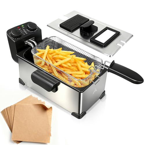 CATTLEMAN CUISINE Immersion Deep Fryer with Basket, 1600W, 3L Small Deep Fryer with Timer Control, Fryer Pot for Home Use, Temperature Control, Lid with Viewing Window, Stainless Steel Electric Fryer | Amazon (US)