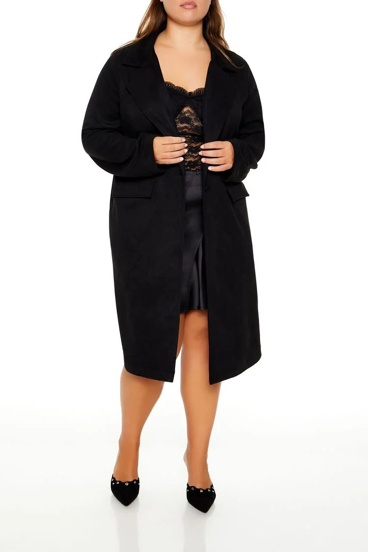 Women's Faux Suede Trench Coat in Black, 1X | Forever 21