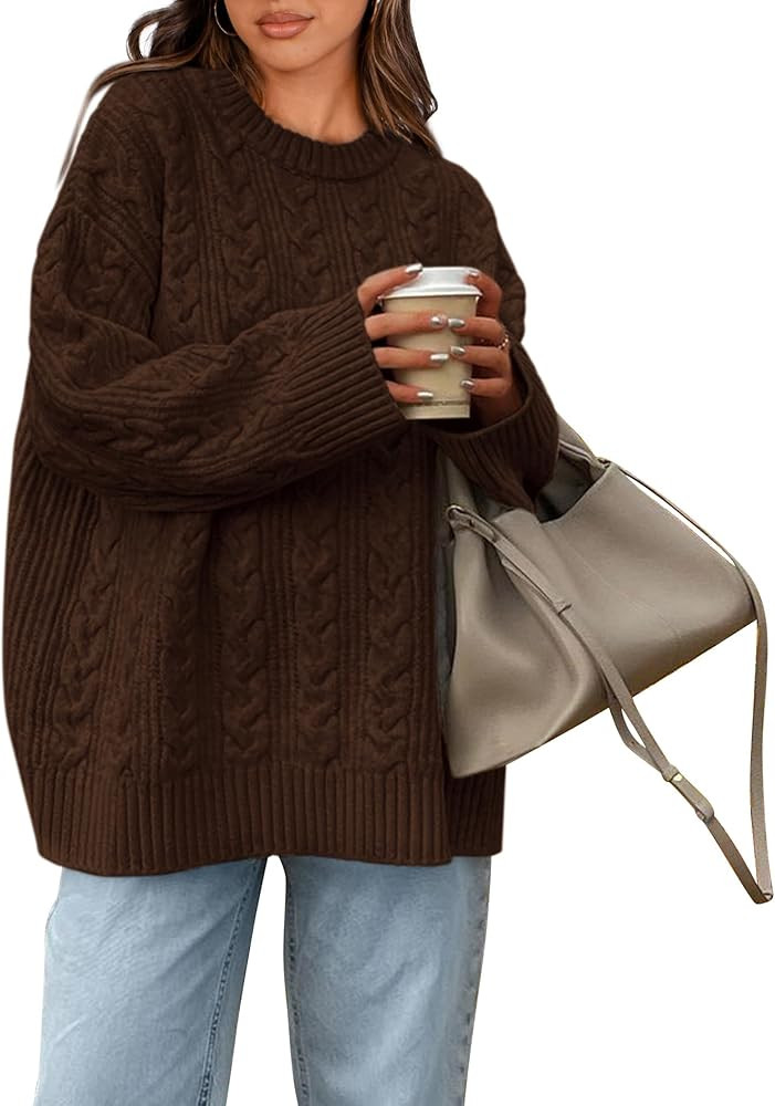Okiwam Women's Oversized Sweaters Crewneck Cable Knit Pullover Casual Loose Fall Outfits Fashion ... | Amazon (US)