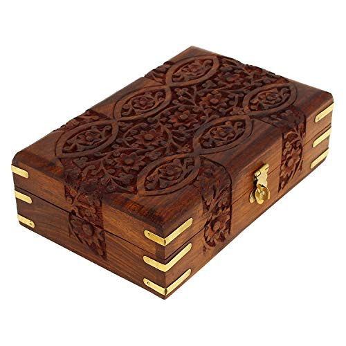 Ajuny Handcarved Treasure Chest Wooden Decorative Jewelry Storage Box Eye Floral Design Multipupose Small Memory Keepsake Box Pretty Gift Box Wood Trinket Boxes - 8X5 Inch | Amazon (US)