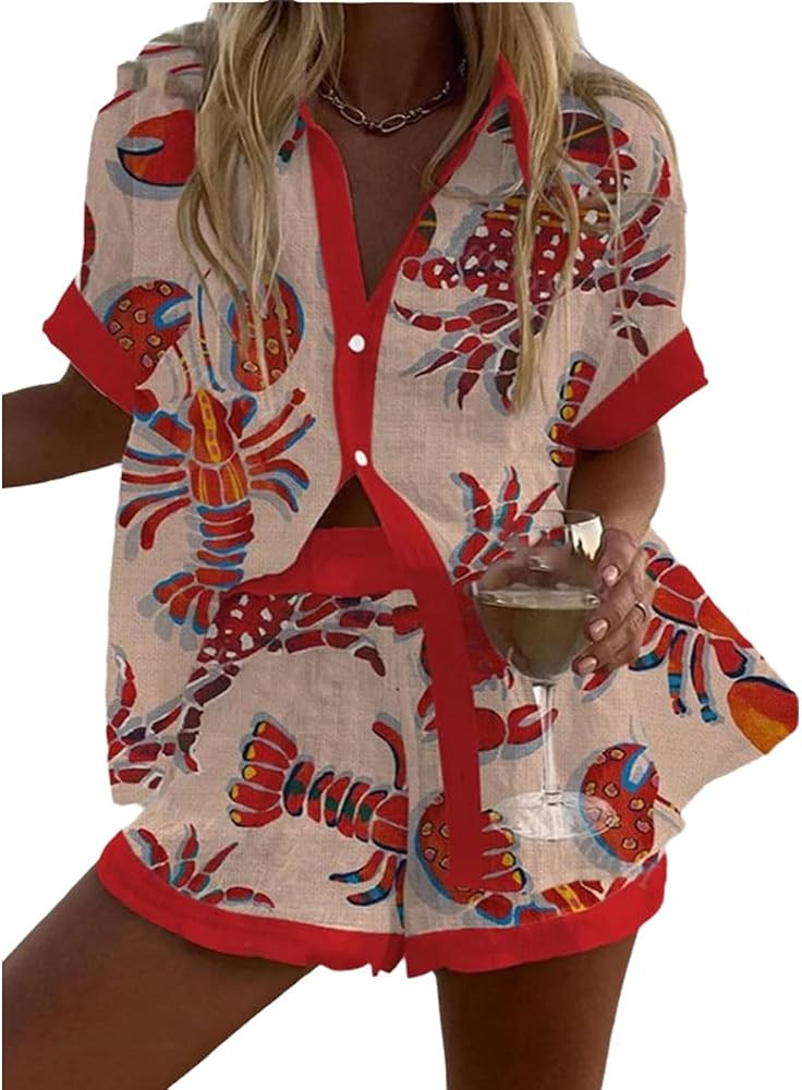 Linen Shirt and Shorts Set Women Trendy Short Sleeve Button Shirt Elasticat Waist Short Tropical ... | Amazon (US)