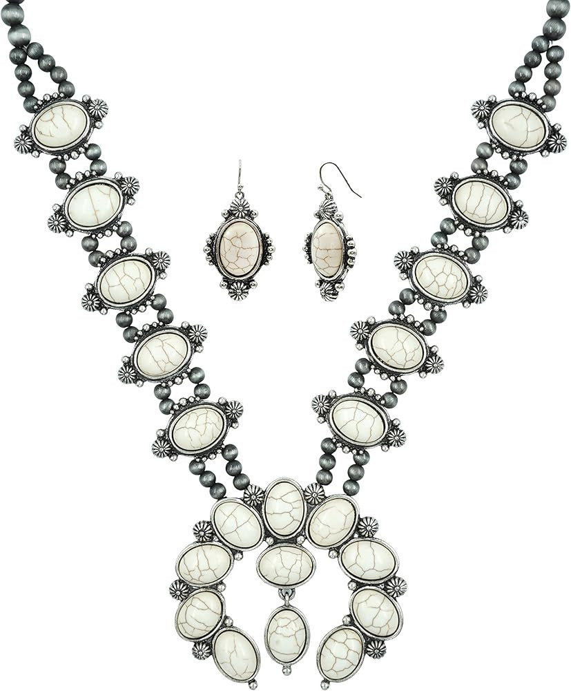 Turquoise Stone Naja Squash Blossom Pendant Faux Navajo Pearl Necklace 27 Inch and French Hook Ea... | Amazon (US)